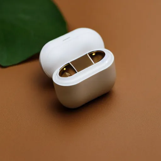 Image similar to a single beige truly wireless earbud with gold accents, beige case, studio, product photo