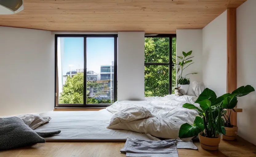 Image similar to a bright and cozy minimalist bedroom, white and pine wood, bed, cupboards, green potted plants, large window with a view of large concrete Japanese apartment blocks