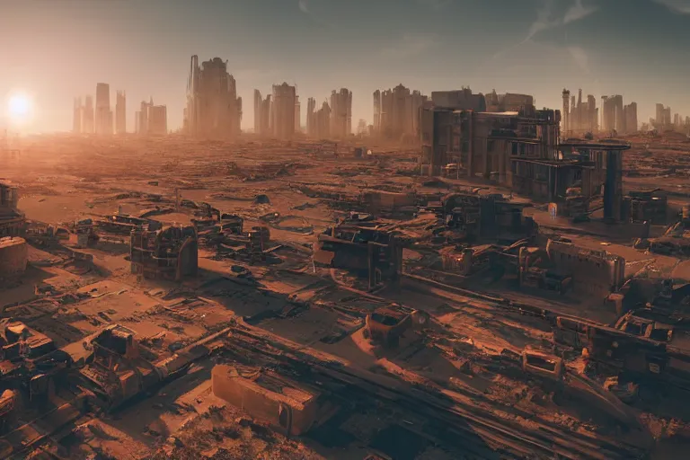 Image similar to a scenic view of an abandoned cyberpunk city in the middle of the desert, windy, ray of sunlight, beeple, ultra wide angle, light effect