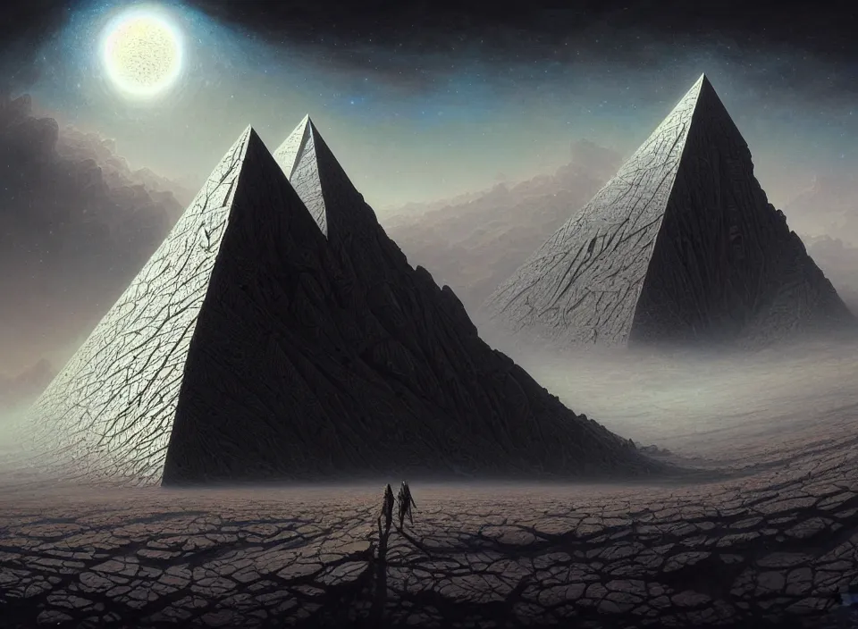 Prompt: massive black pyramid on the lunar surface, intricate, elegant, highly detailed, centered, digital painting, artstation, concept art, smooth, sharp focus, illustration, artgerm, tomasz alen kopera, peter mohrbacher, donato giancola, joseph christian leyendecker, wlop, boris vallejo