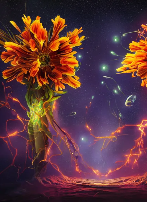 Image similar to An epic fantastic realism comic book style painting of the most beautiful entwined flowers launched across the dark galactic night sky, nebulous bouquets, fisheye, lightning creating life, unreal 5, DAZ, hyperrealistic, octane render, dynamic lighting