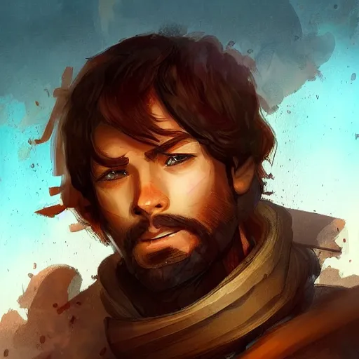 Image similar to a brown haired young swordsman with a short beard in the style of marc simonetti