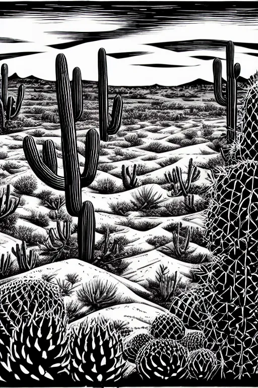 Image similar to art by brian reedy, a beautiful black ink linocut print of a desert with a few cacti here and there, 8 k, frostbite 3 engine, cryengine, dof, trending on artstation, digital art, crepuscular ray