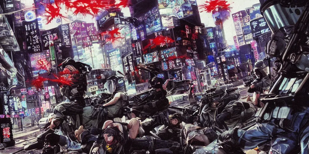 Prompt: 1991 Video Game Concept Art, Anime Neo-tokyo Cyborg bank robbers vs police shootout, bags of money, Police officer hit, Bullet Holes and Blood Splatter, Hostages, Smoke Grenade, Sniper, Chaotic, C4, Cyberpunk, Anime VFX, Machine Gun Fire, Violent, Action, Fire fight, FLCL, Free-fire, Highly Detailed, 8k :4 by Katsuhiro Otomo + Studio Gainax + Arc System Works : 8