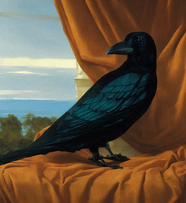 Image similar to a beautifully photoreal clear detailed victorian portrait of a close up raven on a victorian windowsill with an ornate velvet dark teal curtain at beautiful sunset daytime nature sunlit painting by frederic leighton and turner and rosetti and morris, 8 k, octane render