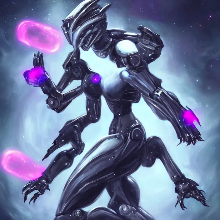 Image similar to cinematic shot, bust, cosmic sized perfectly proportioned stunning beautiful hot female warframe, anthropomorphic robot mecha female dragon, silver, fuschia leds, floating in empty space, nebula sized, holding a galaxy, epic proportions, epic size, epic scale, furry art, dragon art, giantess art, warframe fanart, furaffinity, deviantart