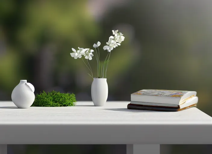 Image similar to a small miniature of a Peugeot 309 on a white table near a book and a vase with a plant, 3d render, octane render, unreal engine 5, path tracing, serene landscape, calm, relaxing, beautiful landscape, highly detailed, high quality, 4k, symmetrical, low contrast