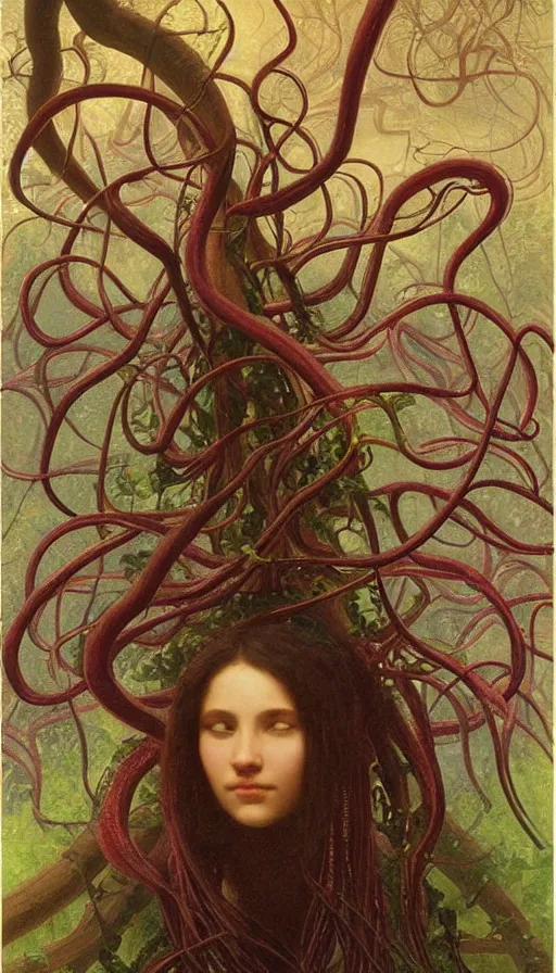 Image similar to very detailed portrait of a 2 0 years old girl surrounded by tentacles, the youg woman visage is blooming from fractal and vines, by albert bierstadt,