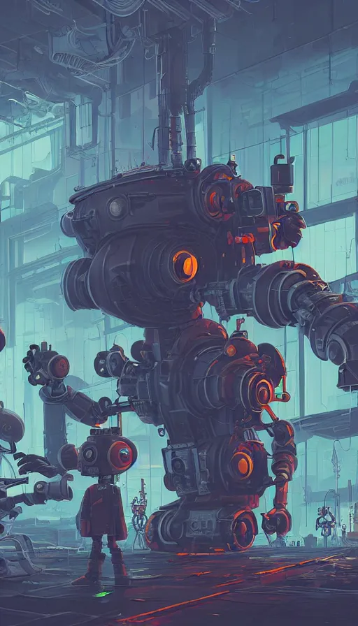 Image similar to steampunk robot and a cyberpunk robot, ready to fight, sharp focus, james gilleard, cinematic, game art, extremely detailed digital painting
