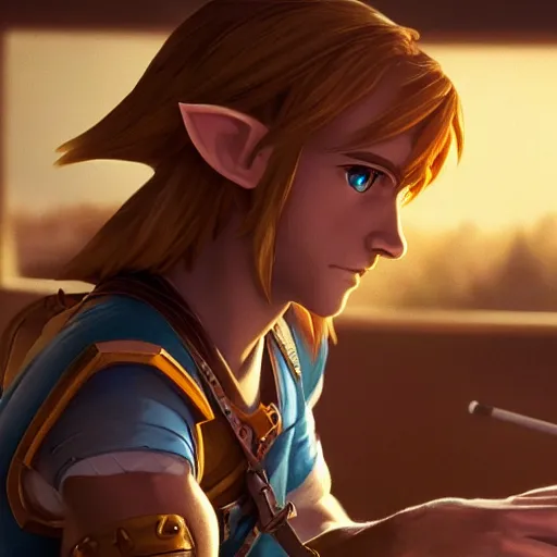 Image similar to Link from Zelda, sitting at a desk programming on a computer, close-up shot, elegant, realistic character concept, high fantasy, light atmosphere, golden ratio, cinematic lighting, hyperdetailed, high resolution, insanely detailed and intricate, artstation, Marc Simonetti, Greg Rutkowski,