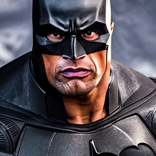 Image similar to dwayne johnson as batman, full body shot, highly - detailed, sharp focus, award - winning