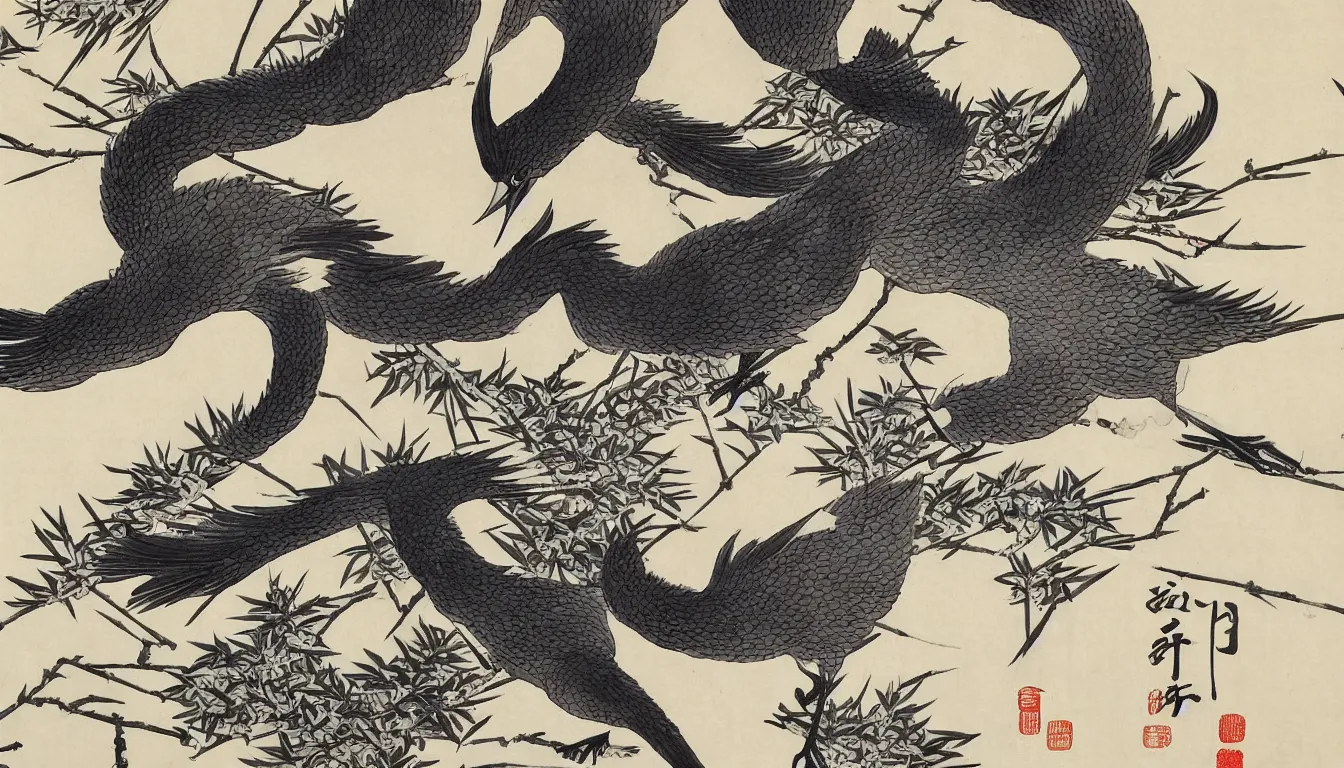 Image similar to traditional chinese ink of japanese crane by hokusai, ultra detailed