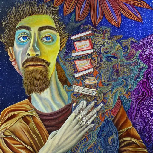 Prompt: a very high hyper - detailed painting with complex textures of a man mystic metaphysical poet student of alchemy has a war against his ego and a desire for transcendental knowledge, he is a destroyer of the established material and connoisseur of other two different worlds, psychedelic surreal conceptual magical realism