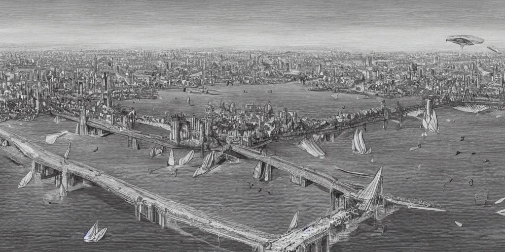 Prompt: illustration, concept illustration, a single giant ancient linear city on a single bridge, giant continent bridge city build over the ocean in a straight line, ships with sails underneath, fading into the distance, old London Bridge