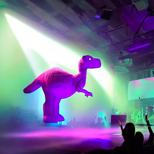 Prompt: Barney the Dinosaur leads a modern worship service, backlit, dramatic stage lighting, fog, neon cross