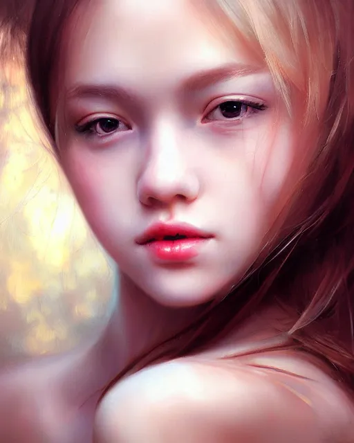 Prompt: girl portrait by wlop and mark brooks, vivid, aesthetic, fine details, realistic eyes, masterpiece, busy background, bokeh, depth of field