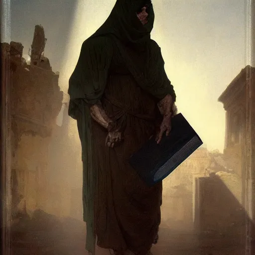 Image similar to portait of magican wearing a closed cerimonial cowl and big old book! chained to the wrist, jeremy mann, jean - leon gerome, tiepolo, alphonse mucha, greg rutkowski, face in the shadows, ( ( ruins of ancient rome ) ), at dusk, mysterious atmosphere, sunrays, dof, high detailed, 8 k