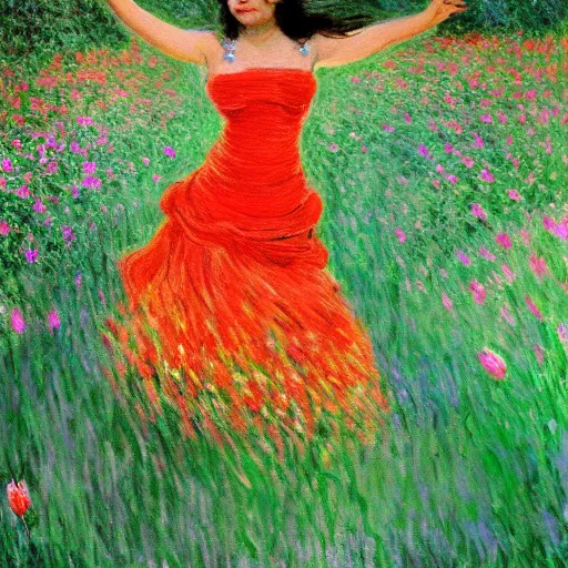 Image similar to beautiful tan mexican woman, dancing in a field of roses, full body, prominent rosy cheek bones, black hair and brown eyes, monet art style,