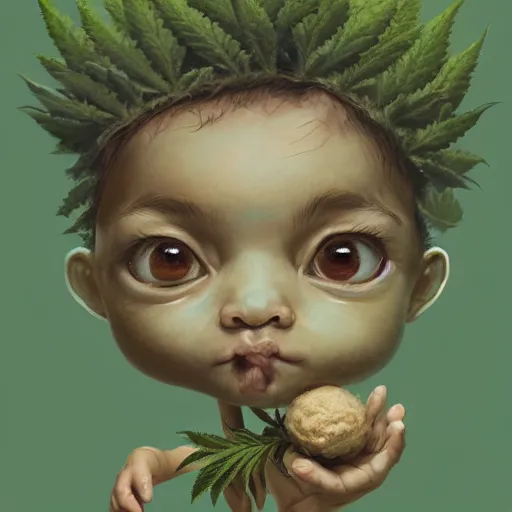 Image similar to a cute little baby made of hemp, with a head in the form of a cannabis bloom, like baby grut, green skin, character, art by james jean and greg rutkowski!!, realistic face, digital art, chibi style, golden ratio, perfect composition, trending on artstation, 8 k