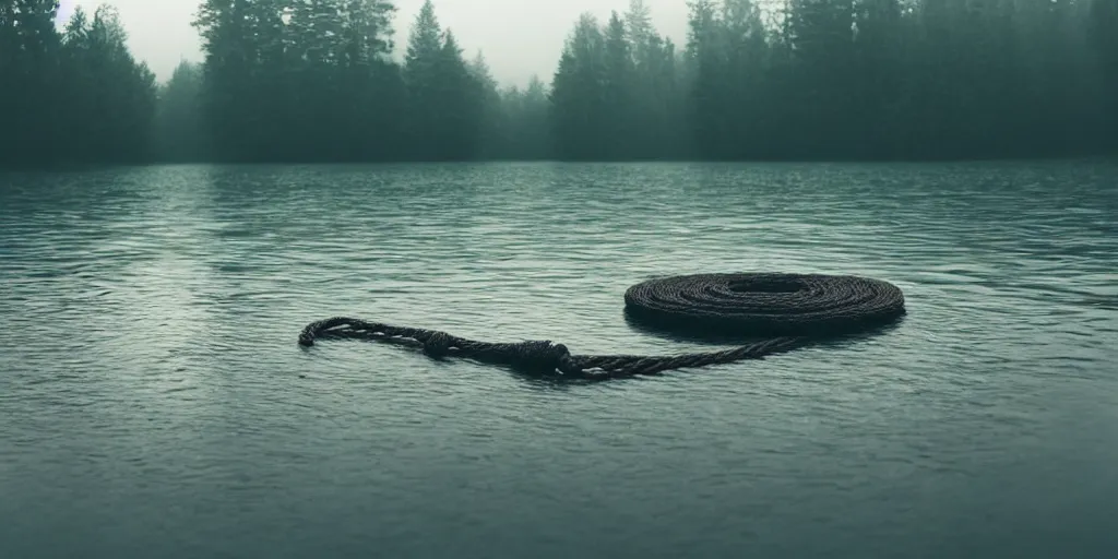 Image similar to symmetrical photograph of an infinitely long rope submerged on the surface of the water, the rope is snaking from the foreground towards the center of the lake, a dark lake on a cloudy day, trees in the background, moody scene, dreamy kodak color stock, anamorphic lens