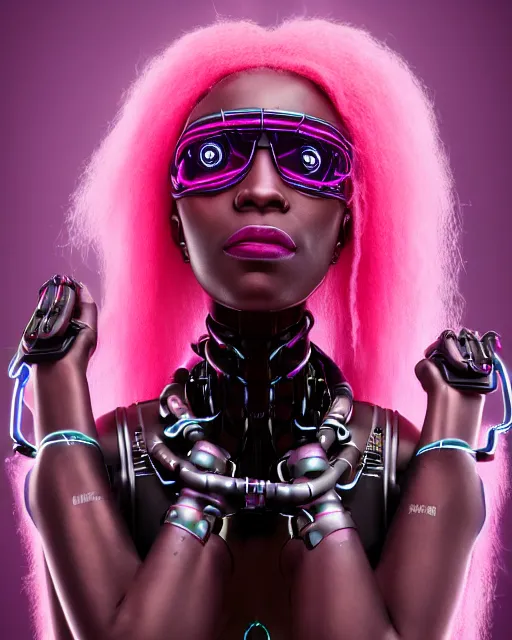 Image similar to portrait of a beautiful black woman with pink hair as a cyberpunk cyborg half robot, revealing wires and electronics, hooked - up, sci - fi, missing panels, intricate abstract upper body intricate artwork, concept art, octane render, deviantart, cinematic, key art, hyperrealism, iridescent accents, portrait photograph, nikon 3 5 mm, photograph by greg rutkowski