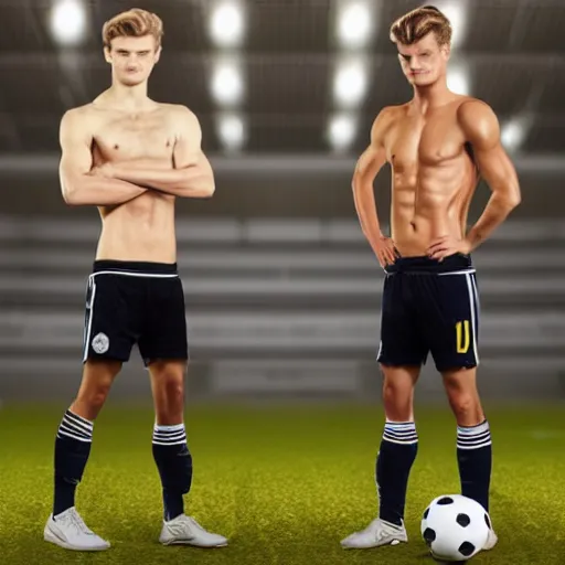 Image similar to a realistic detailed photo of a guy who is an attractive humanoid who is half robot and half humanoid, who is a male android, soccer players martin ødegaard & timo werner, shiny skin, posing like a statue, blank stare, in a factory, on display, showing off his muscles, gold soccer shorts, side view, looking at each other mindlessly