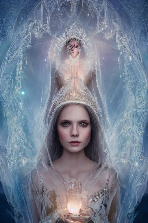 Image similar to Atmospheric detailed photography of a beautiful magician , wearing crystal fractal tiara, Symmetrical composition, fantasy long intricate gown, sharp focus, octane render, high quality, 8k, volumetric lighting, color grading, by Tom Bagshaw and James Jean and Artgerm