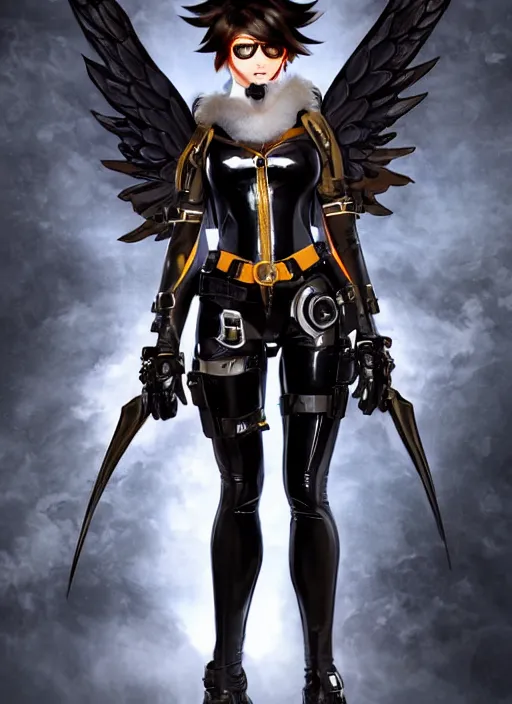 Image similar to full body artwork of tracer overwatch, wearing black latex outfit, in style of mark arian, angel wings, dramatic painting, wearing detailed leather collar, black shiny armor, chains, black harness, detailed face and eyes,