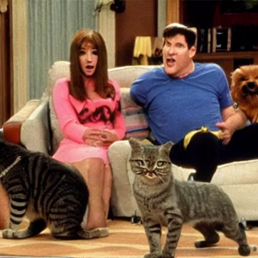 Image similar to a still from the tv series Married with children, actors replaced by cats and dogs, vhs quality