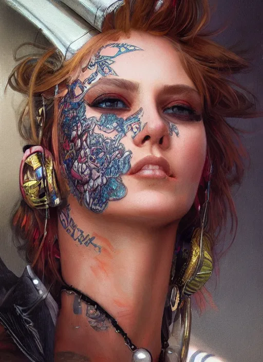 Prompt: close up portrait painting of a female rockstar dressed in 9 0's street fashion, ultra realistic, concept art, intricate details, serious, highly detailed, photorealistic, octane render, 8 k, unreal engine. art by artgerm and greg rutkowski and alphonse mucha