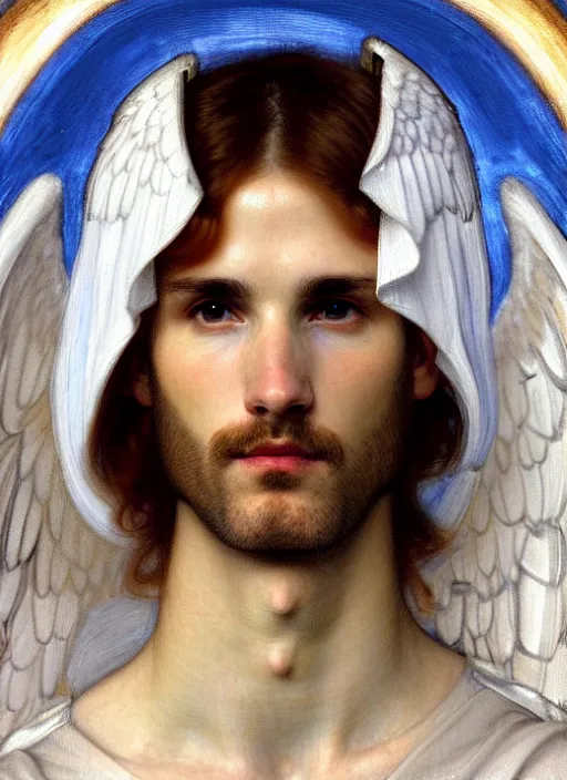 Image similar to portrait of beautiful male archangel in white robes with blue light streaming down from heaven, pre - raphaelite painting by john william waterhouse, trending on artstation. highly detailed, symmetrical face.