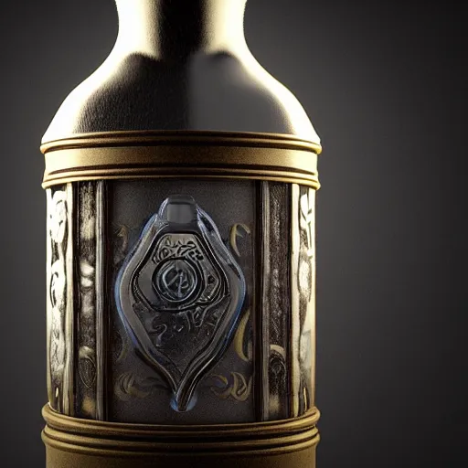 Prompt: transparent ancient magical potion flask engraved stallion, raytracing, caustics, 3d rendering, unreal engine, iray, vray, keyshot