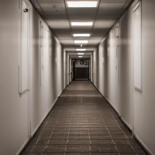 Prompt: photograph of empty hallway, sigma 3 0 mm, f / 2. 8, 8 k, high detail, decorative walls, open door on left letting light through.