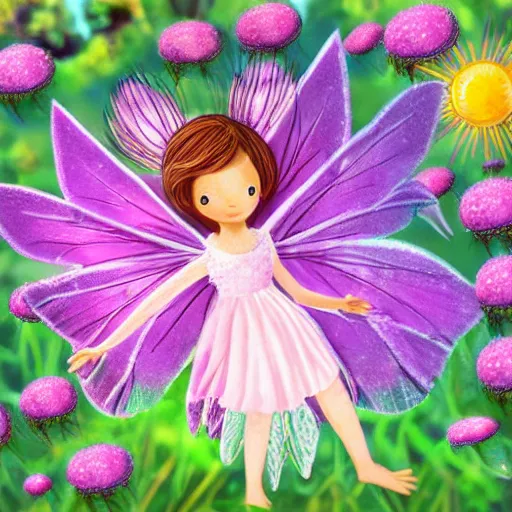 Prompt: a small pink fairy with iridescent wings in a field of dandelions with sunshine and clouds, photorealistic, highly detailed