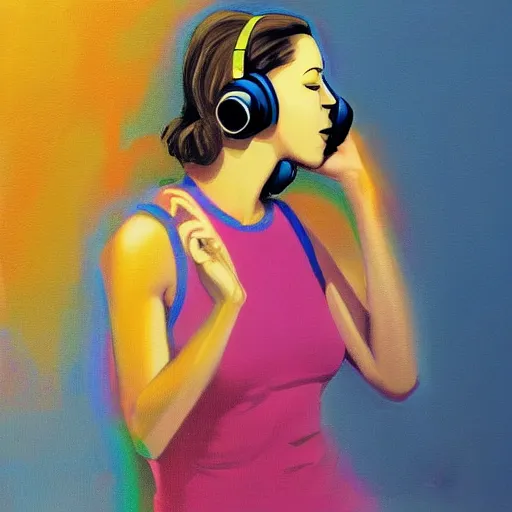 Prompt: a beautiful woman with headphones dancing by jason brooks