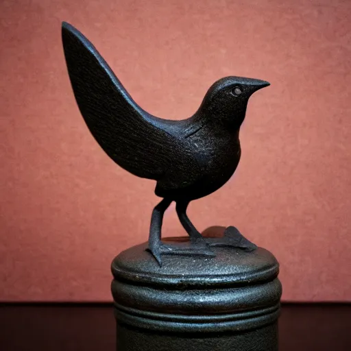 Prompt: a small cast iron bird with weapons and armor, ruby eyes, cast iron, folk art display, museum display, photography, studio lighting, 8k