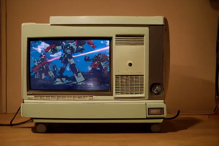 Prompt: Trinitron TV showing gundam fighting a Zaku-II with an axe on an old 80s tv glows in the living room lights off, 90s nostalgia, wide view, fish eye lens, vhs , scanlines, by Katsuhiro Otomo, Geof Darrow, Phil hale, Ashley wood, Ilya repin, frank frazetta, 8k, hd, high resolution