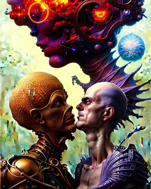 Image similar to two lovers facing each other, tarot card, fantasy character portrait made of fractals, ultra realistic, wide angle, intricate details, the fifth element artifacts, highly detailed by peter mohrbacher, hajime sorayama, wayne barlowe, boris vallejo, aaron horkey, gaston bussiere, craig mullins