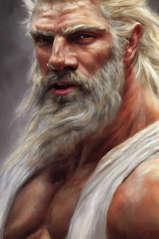 Image similar to painted portrait of rugged zeus, god of thunder, greek god, white hair, masculine, powerful, handsome, luxurious, upper body, white robe, muscular, hairy torso, fantasy, intricate, elegant, highly detailed, digital painting, artstation, concept art, smooth, sharp focus, illustration, art by gaston bussiere and artgerm