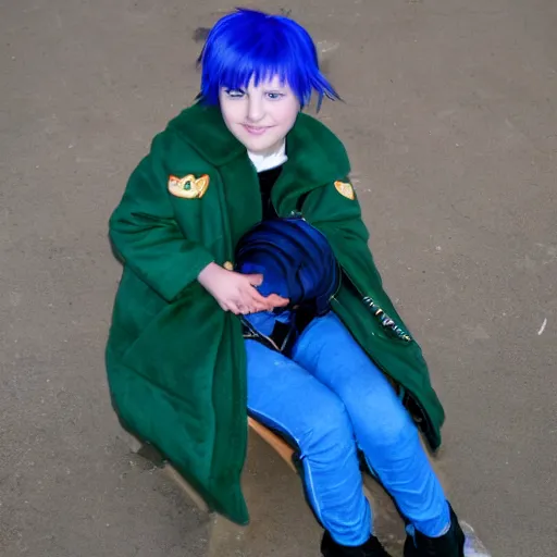 Prompt: girl with blue hair wearing a jaguar coat, school class