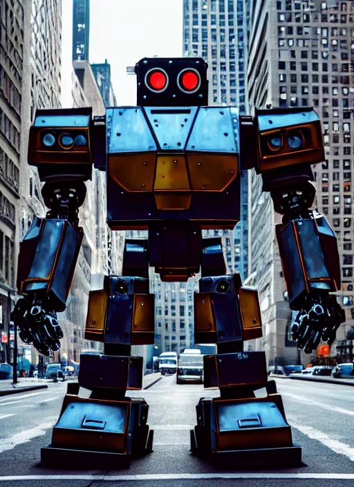 Image similar to a giant mecha robot made of stop signs in manhattan, hyper realistic, highly detailed, cinimatic, shadows, scrap, signs, 8 k, photo, movie still