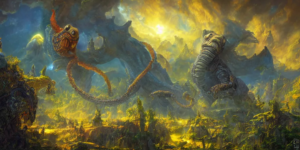 Image similar to fantasy oil painting, great leviathan, cybernetic turtle cephalopod terrapin reptilian pachyderm squid, hybrid, anubis, epic, natural light, lush plants flowers, spectacular mountains, bright clouds, ufo, luminous sky, outer worlds, golden daple lite, craig mullins, michael cheval