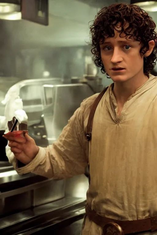 Prompt: film still of frodo working at mcdonalds in the new batman movie, oil on canvas, intricate, 8 k highly professionally detailed, hdr, cgsociety