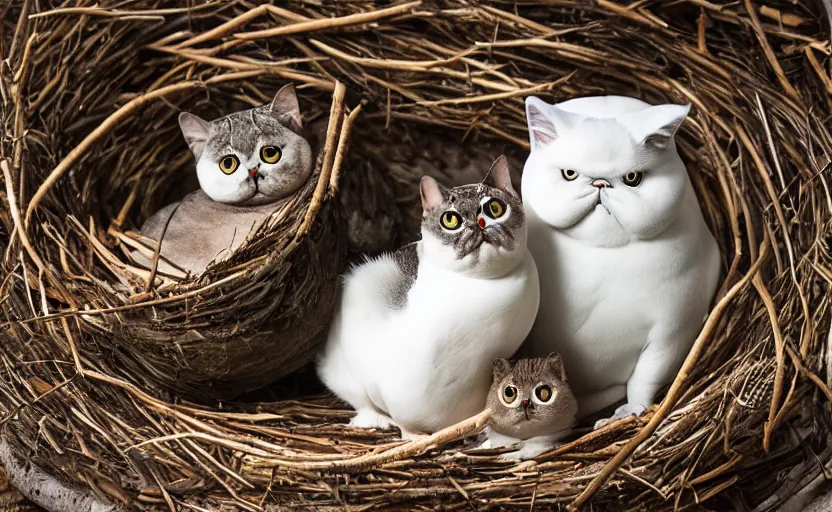 Prompt: A pigeon and an exotic shorthair cat guarding eggs in a nest, eggs, birds, nest is made of sticks, national geographic, odd, depth of field, photorealistic