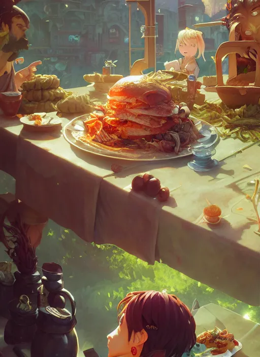 Image similar to highly detailed food wars, stephen bliss, unreal engine, fantasy art by greg rutkowski, loish, rhads and lois van baarle, ilya kuvshinov, rossdraws, tom bagshaw, alphonse mucha, global illumination, detailed and intricate environment