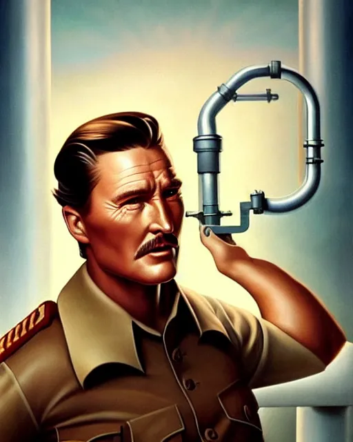 Prompt: Errol Flynn as a scientist. 1980s dystopian Soviet Russia, propaganda screens. Unreal engine, fantasy art by Rhads. Faithfully depicted facial expression, perfect anatomy global illumination, radiant light, detailed and intricate environment