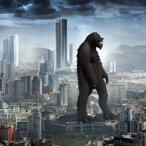 Image similar to a large, hideous monster looming over a city, scary, photorealistic