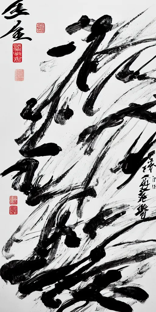 Image similar to high quality big chinese ink strokes, black and white, brush, drops, splash