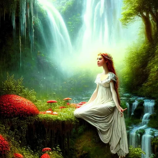 Image similar to highly detailed, elegant elf clothed in a white lace dress and flowers sitting in a enchanted scenery landscape, vast lush valley flowers and mushroom, waterfall, stream, sunrise, vivid color, soft clouds, cinematic lighting, perfect composition, 8 k, gustave dore, derek zabrocki, greg rutkowski, belsinski,