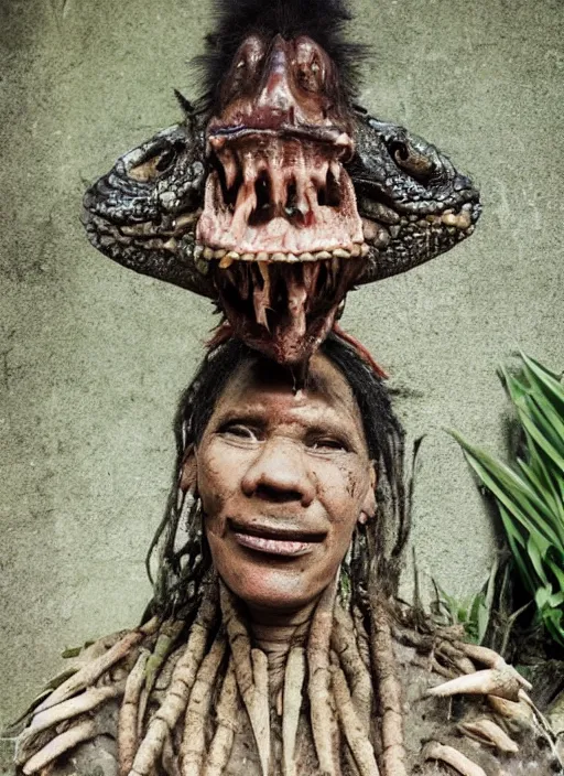 Prompt: portrait photo of the half crocodile tribe necromancer from Colombia and Madagascar, full color magazine article by National Geographic (1998)